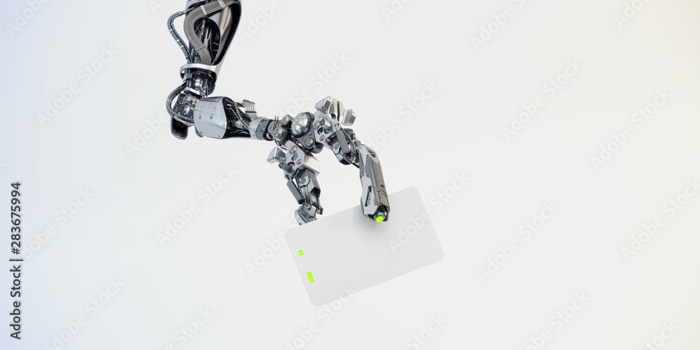 Sci-fi robotic arm showing blank card, 3d rendering Sci-fi robotic arm showing blank card, 3d rendering