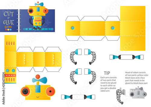 Cut and glue robot toy vector illustration, worksheet. Paper craft and diy riddle