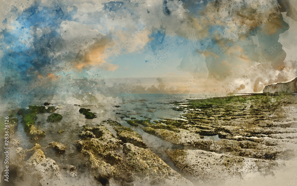 Digital watercolour painting of Beautiful landscape panorama sunset over rocky coastline