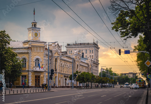 Municipality town hall building street at blue hour in Chisinau, Moldova, 2019