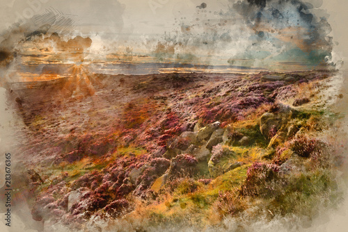 Digital watercolour painting of Stunning dawn sunrise landscape image of heather on Higger Tor in Summer in Peak District England