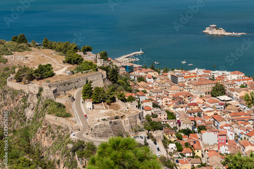 Obraz na płótnie Aerial view from famous Venetian Palamidi fortress and Bourtzi Castle on a small islet in the city of Nafplio former capital of Greece, Peloponnese. w salonie