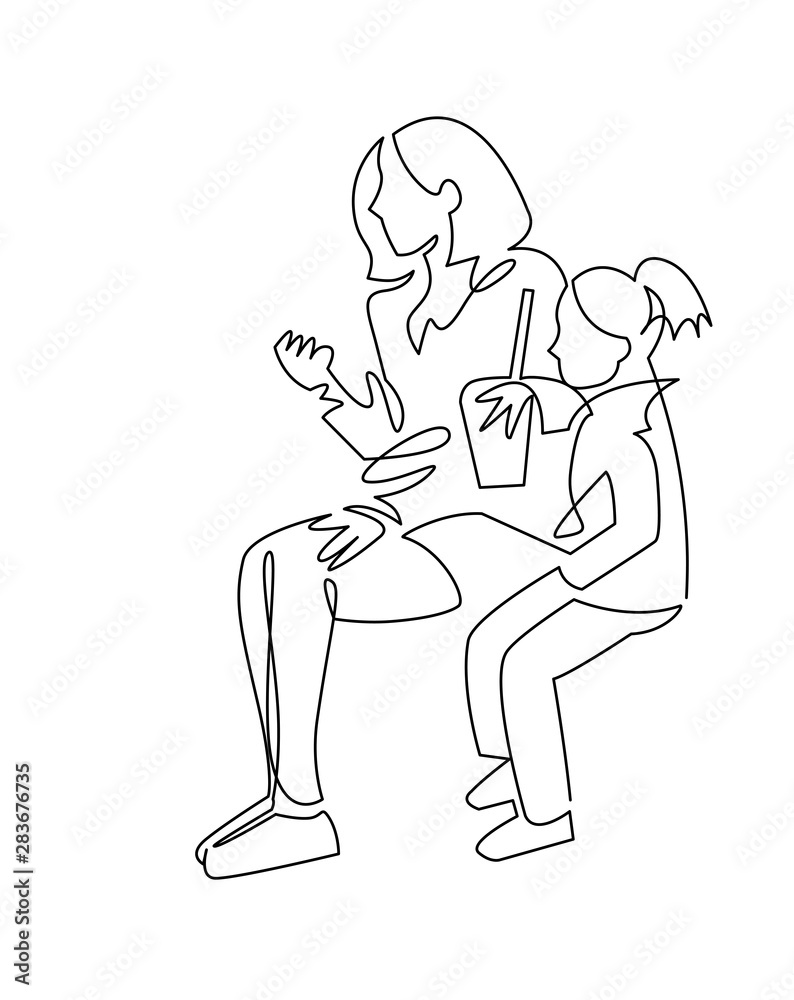 continuous single drawn one line mom with daughter knotted laces hand-drawn picture silhouette, doodle. Line art. mother teaches daughter to tie shoelaces