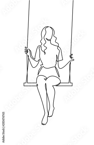 Continuous one line drawing youg woman swinging on swing. Leisure time vector illustration.