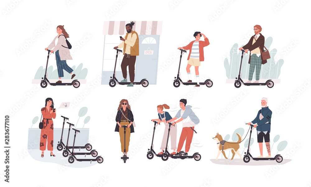 Collection of funny people riding kick scooters isolated on white background. Bundle of young and elderly men and women and children on modern personal transporters. Flat cartoon vector illustration.