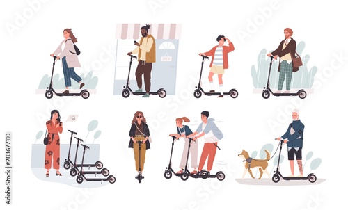Collection of funny people riding kick scooters isolated on white background. Bundle of young and elderly men and women and children on modern personal transporters. Flat cartoon vector illustration. photo