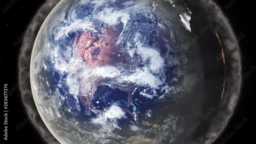 Thick pollution cloud surrounding the planet Earth as it rotates in space then clean area expanding to reveal a clean Earth