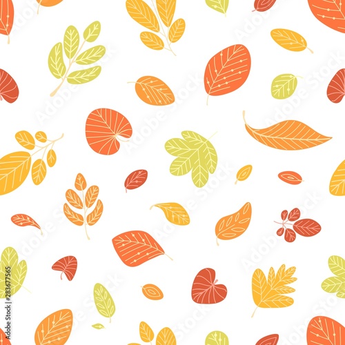 Seasonal seamless pattern with fallen autumn leaves on white background