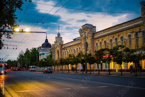 Municipality town hall building street at blue hour in Chisinau, Moldova, 2019 photo