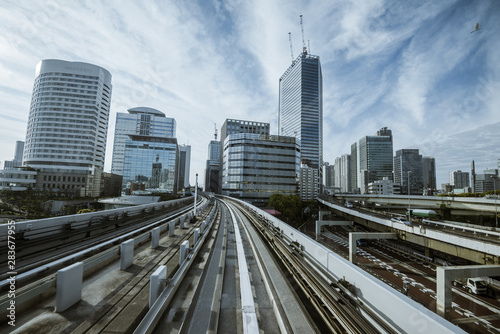 Cityscape from monorail sky train in Tokyo