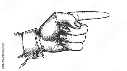 Female Hand Pointer Finger Showing Gesture Vector. Woman Index Finger Arrow Suggesting Direction Course. Lady Forefinger Wrist Gesturing Choice Drawn In Vintage Style Monochrome Closeup Illustration