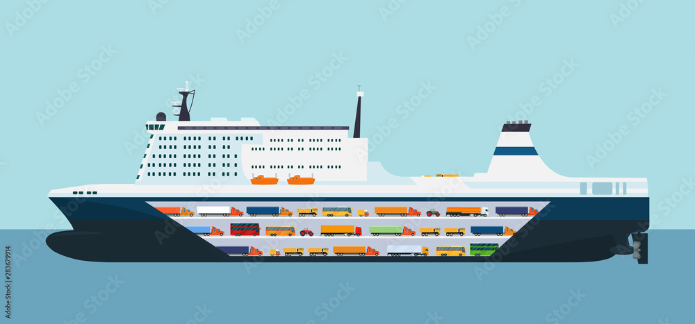 Fototapeta premium Roro carrier ship isolated. Vector flat style illustration.