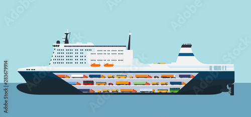 Fotografia Roro carrier ship isolated. Vector flat style illustration.