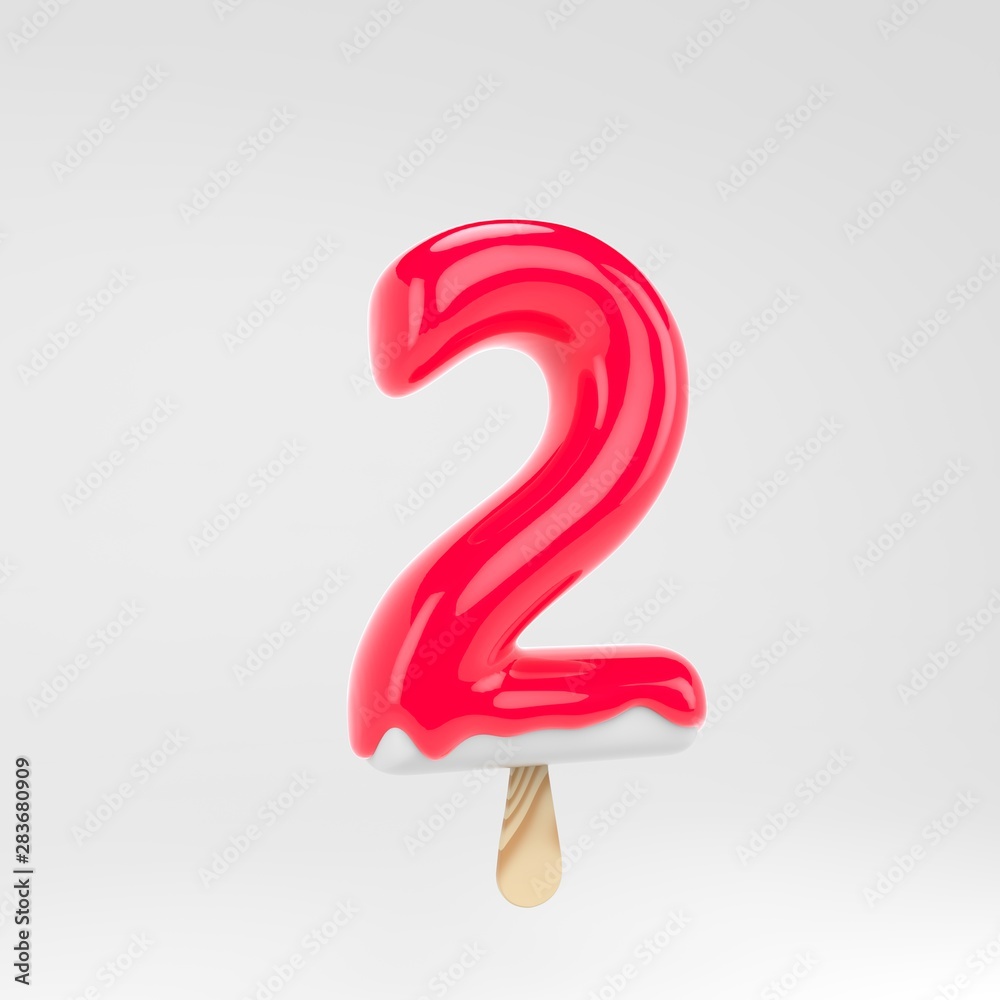 Ice cream number 2. Pink popsicle alphabet. 3d rendered dessert lettering isolated on white background. Ice cream number 2. Pink popsicle alphabet. 3d rendered dessert lettering isolated on white background.