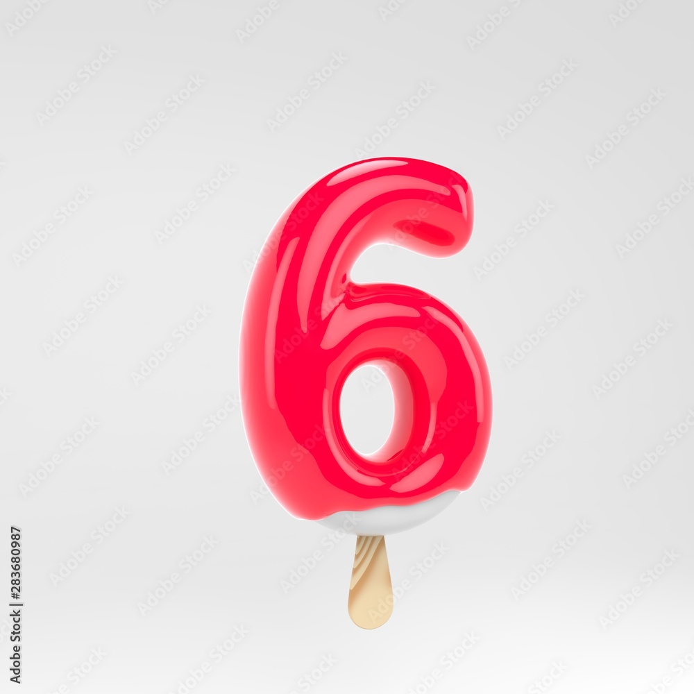 Ice cream number 6. Pink popsicle alphabet. 3d rendered dessert lettering isolated on white background. Ice cream number 6. Pink popsicle alphabet. 3d rendered dessert lettering isolated on white background.