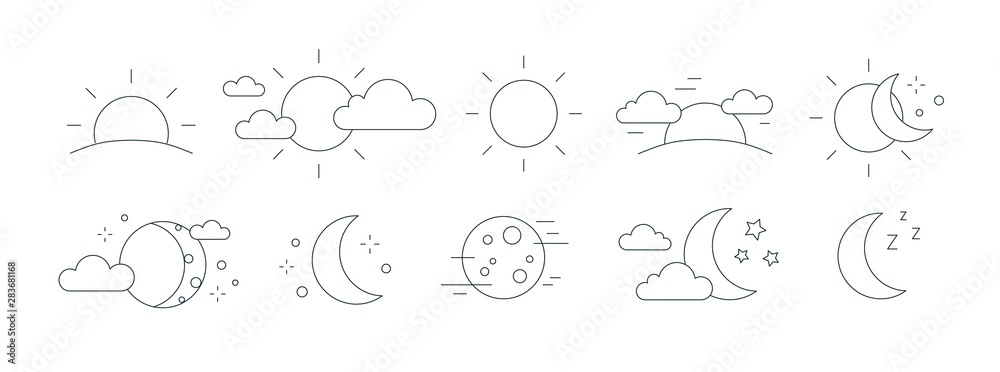 Collection of rising or setting sun, moon phases, clouds and stars symbols. Bundle of day and night time pictograms drawn with black contour lines on white background. Monochrome vector illustration.