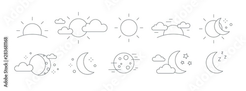 Collection of rising or setting sun, moon phases, clouds and stars symbols. Bundle of day and night time pictograms drawn with black contour lines on white background. Monochrome vector illustration.