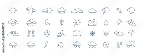 Obraz na plátně Collection of meteorological icons or symbols for weather forecast - sun, clouds, wind, rain, snow, air temperature drawn with contour lines on white background