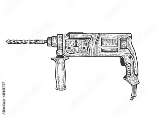 Rotary hammer power tool sketch engraving vector illustration. Scratch board style imitation. Hand drawn image.