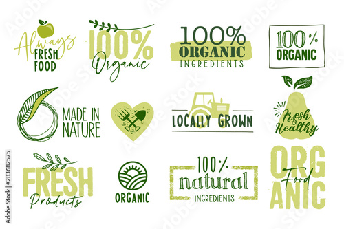 Organic food, farm fresh and natural products signs and labels collection. Vector illustration for food market, e-commerce, restaurant, healthy life and premium quality food and drink promotion.