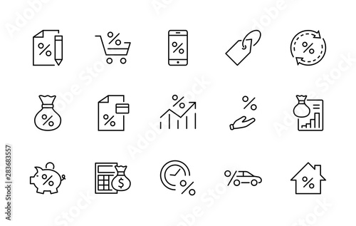 Set of Credit and Loan Related Vector Line Icons. Contains such Icons as Credit Card, Rate Calculator, Deposit and more. Editable Stroke. 320x320 Pixel Perfect