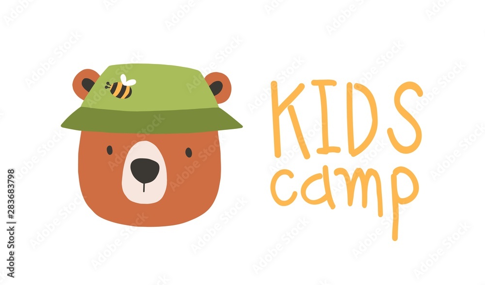 Fototapeta premium Face or head of cute lovely bear wearing bucket hat. Muzzle of funny animal isolated on white background. Vector illustration in flat cartoon style for children t-shirt print, logo for kids camp.