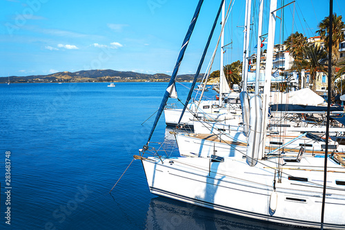 Fototapeta Naklejka Na Ścianę i Meble -  Sailboats in a beautiful bay, Poros island, Greece.