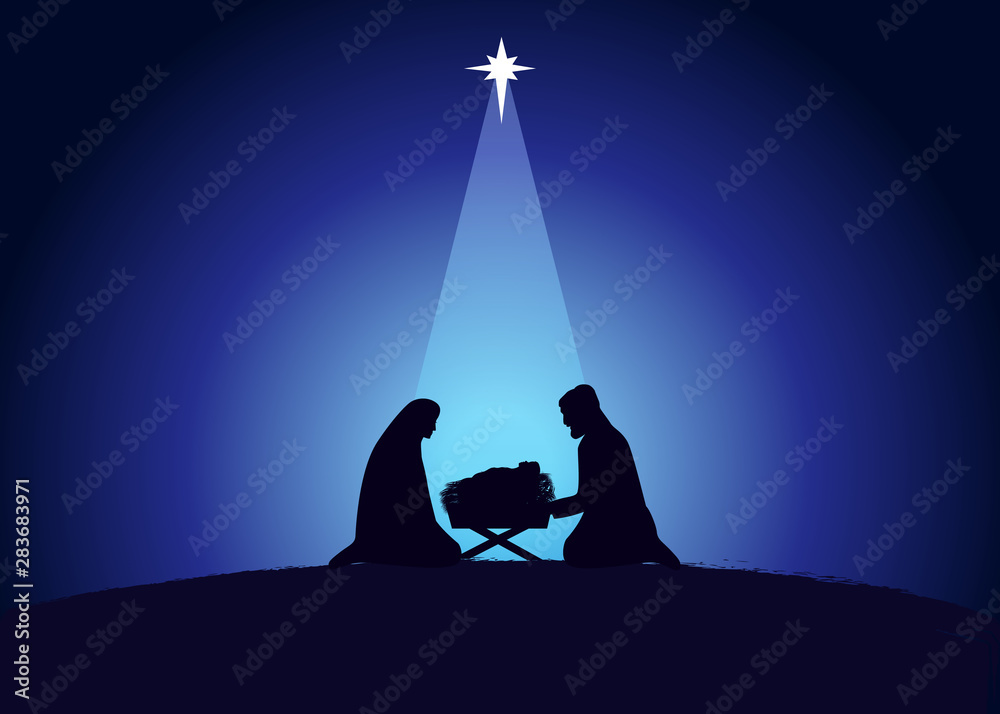 Christmas scene of baby Jesus in the manger with Mary and Joseph in