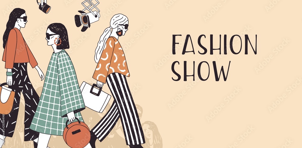 Banner template for fashion show with top models wearing trendy seasonal  clothes walking along runway or doing catwalk. Colorful hand drawn vector  illustration for event promotion, advertisement. vector de Stock | Adobe
