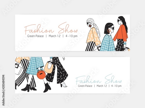 Bundle of web banner templates for fashion show with women wearing trendy haute couture clothing and demonstrating it on runway or ramp. Colorful hand drawn vector illustration for event announcement.