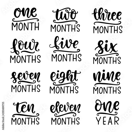 Baby age markers set. Vector monthly milestone cards 1-11 months and 1 year for girl or boy birthday