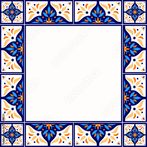 Tile frame vector. Vintage border pattern. Traditional ornamental ceramic decor design. Mexican talavera, sicily majolica, spanish mosaic, portugal azulejos, moroccan motifs.