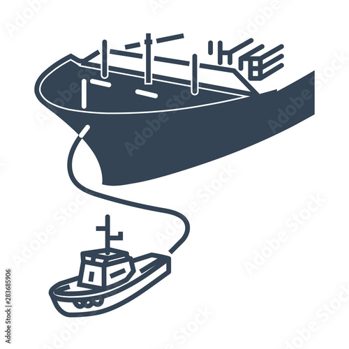 black icon tugboat assisting cargo ship sea