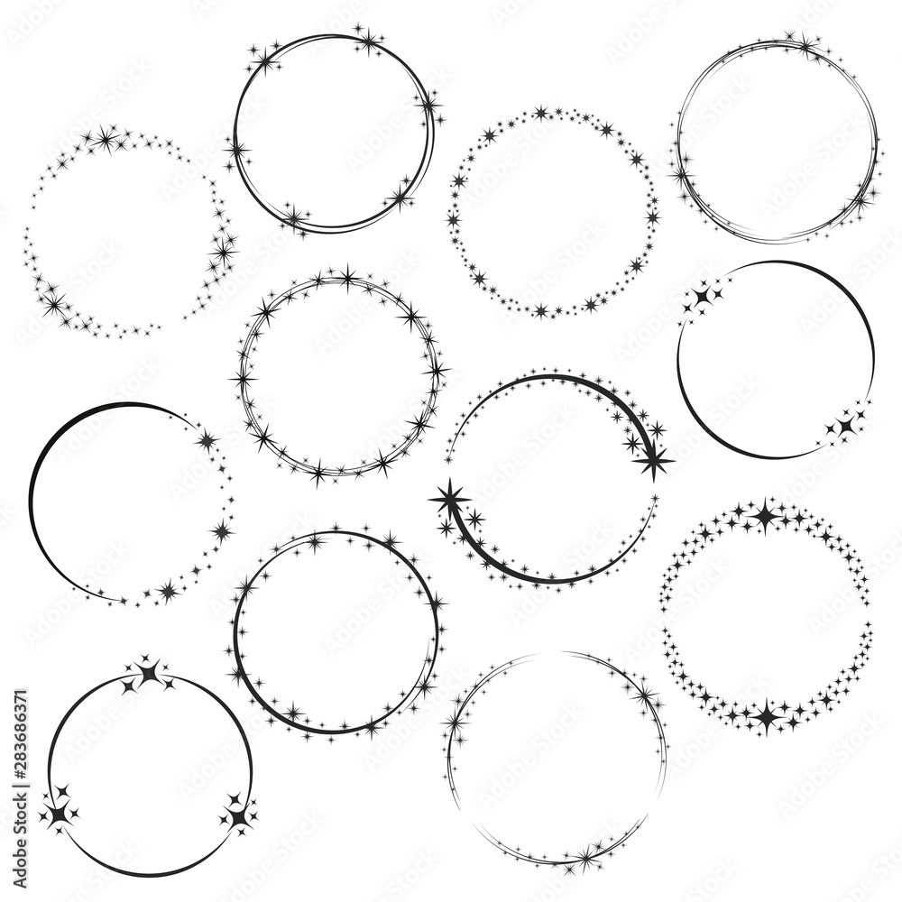 Stardust frames. Shiny star circle frame, starry glitter stamp and round magic twinkle stars trace. Shine stardust swirl, shining glowing halo for party decor. Isolated vector symbols set Stardust frames. Shiny star circle frame, starry glitter stamp and round magic twinkle stars trace. Shine stardust swirl, shining glowing halo for party decor. Isolated vector symbols set