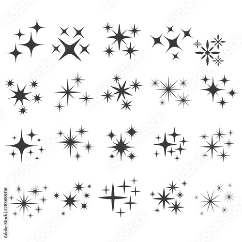 Shiny sparks silhouettes. Twinkle star particles, glitter sparkles and magic sparkle. Party sparks, festive sparkle burst or shine glitter starburst. Isolated silhouette vector icons set