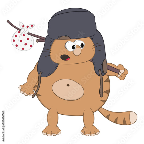 funny cartoon fat red cat in a cap with earflaps holds on his shoulder a bag on a stick for travel.