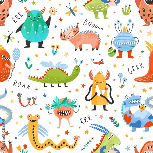 Seamless pattern with amusing fantastic monsters, fairytale creatures, fantastic beasts on white background. Flat cartoon childish vector illustration for wrapping paper, textile print, wallpaper.