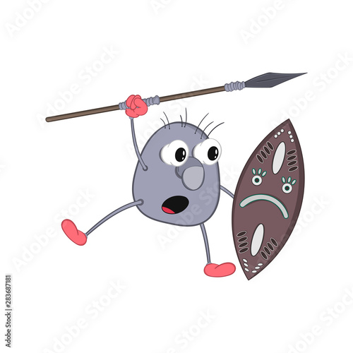 funny cartoon aborigine Bom with a spear and a shout shouts and jumps.