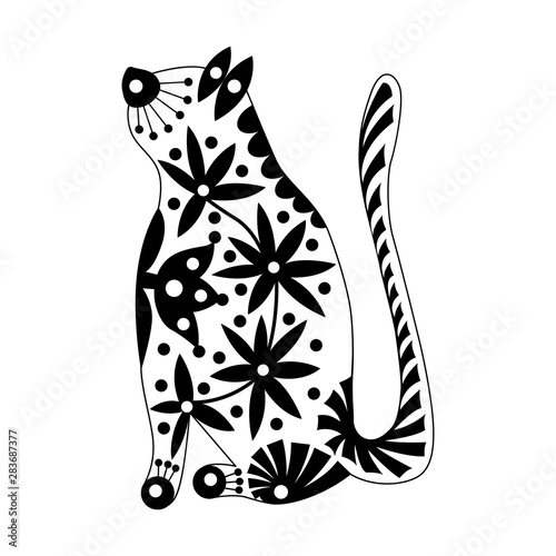 Ornamented abstract cat. Scandinavian style pattern. Black and white illustration.