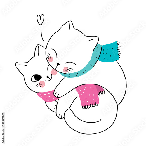 Cartoon cute winter cats couple and scarf vector.
