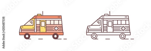 Bundle of colorful and monochrome ambulance motor vehicles isolated on white background