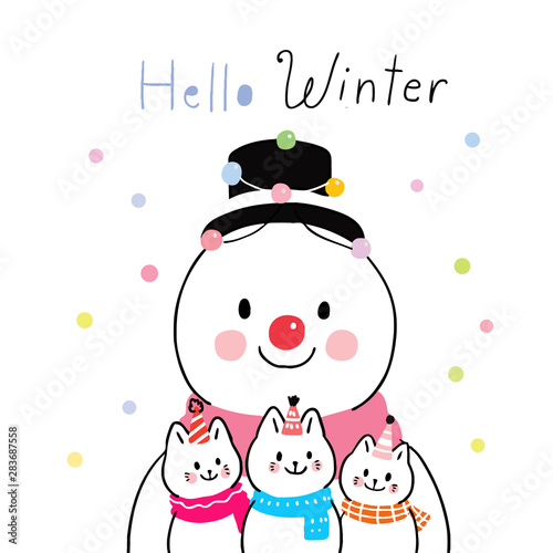 Cartoon cute winter snowman and cats vector.