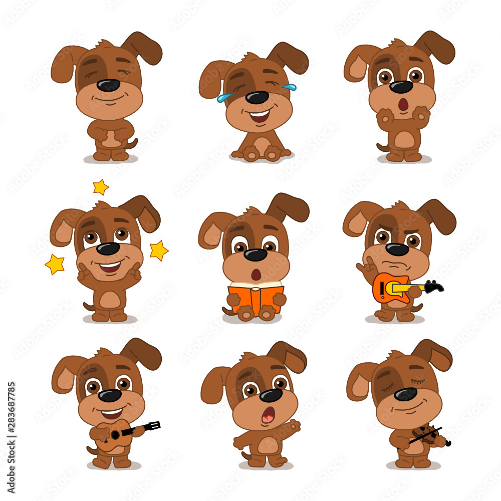 Fototapeta premium Funny puppy dog in cartoon style in different poses and with musical instruments