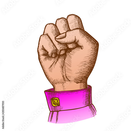 Woman Hand Clenched Finger In Fist Gesture Vector. Female Arm Gesture Showing Sign Power Or Disagree. Girl Wrist Gesturing Signal Color Designed In Vintage Style Closeup Illustration