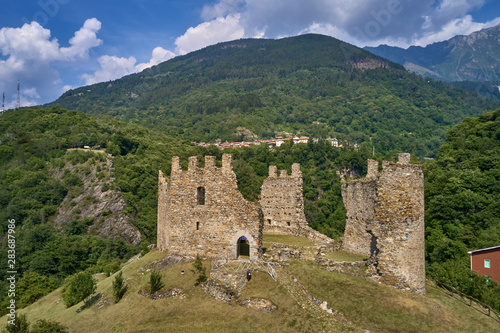 Panoramic view of the Castel Cimbergo region of Trento north of Italy. The ruins of the castle of Cimbergo surrounded by nature  a quiet place on the mountain.