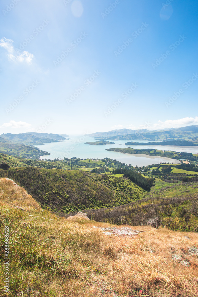 Naklejka premium Christchurch New Zealand, Lyttleton Harbour, Port Hills Landscape Canterbury South Island NZ