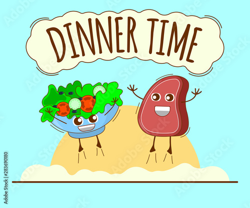 Dinner Time Banner, Meat and Green Bowl Icon. Cute Character, Concept Label. Cartoon Vector Illustration