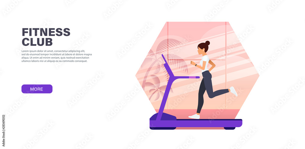 A yang girl trains on a treadmill in a sports club. Vector modern concept landing page for fitness websites or app.