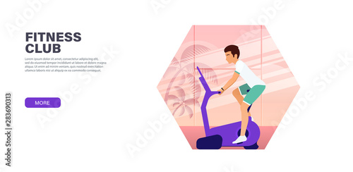 A yang man trains on a stationary bike in a sports club. Vector modern concept landing page for fitness websites or app.