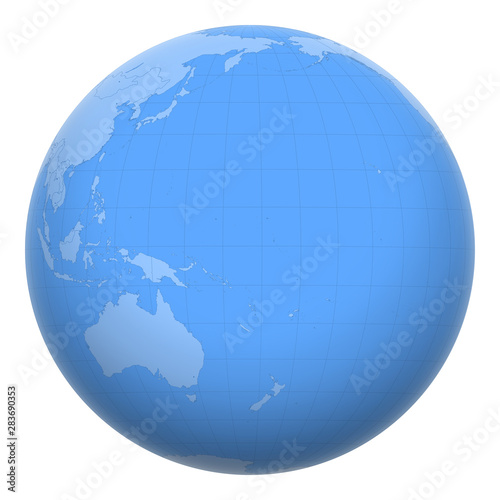 Nauru on the globe. Earth centered at the location of the Republic of Nauru. Map of Nauru. Includes layer with capital cities.